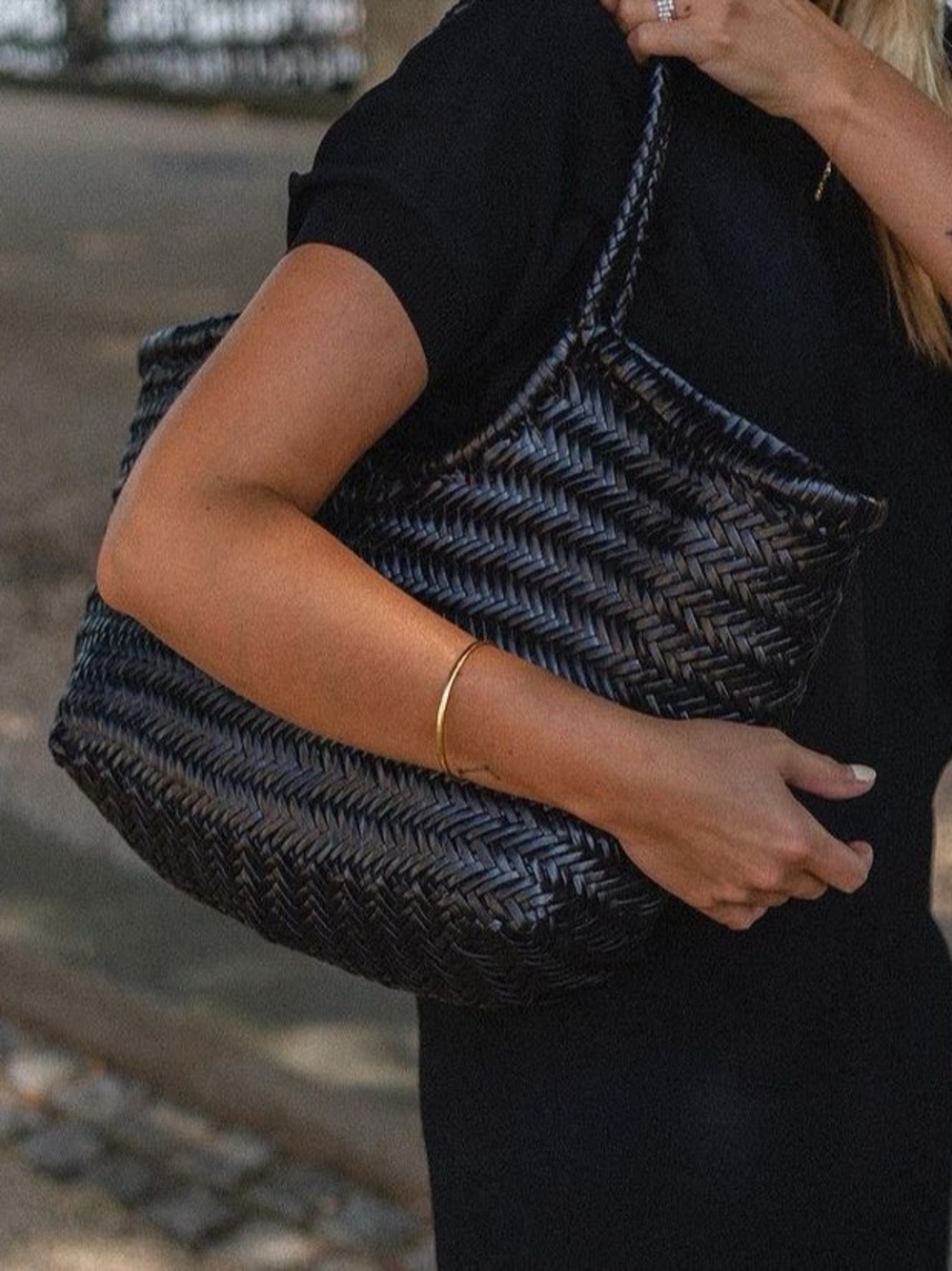 Woven Leather Black Tote Bag